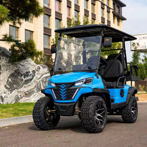 Smooth Operator Four Seater Electric Golf Cart Fueled By A Rock Solid 48 Volt 150 Ah Lithium Battery, features modern blue design and off-road tires.