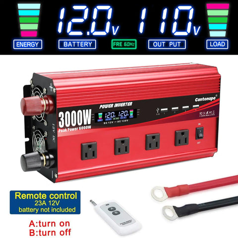 Beefy 3000W DC To AC Inverter With LCD Display And Remote Control 4 AC Outlets And 4 USB 3.1A Ports 12V To 110V 120V for off-grid use