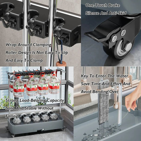 Stainless Steel Mop And Broom Rack With Removable Organizer Storage Tool Hooks And Slots For Home Garden Laundry And Garage Weatherproof Wall Mount Storage Holder Built To Last For Heavy Duty Use, highlighting clamping mechanism, wheels, and load-bearing features.