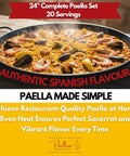Outdoor Paella Burner And Stand Kit With 24 Inch Enamel Pan Dual Propane Stove Regulator Weatherproof Cover For Camping Crawfish Boil Tailgating And Big Outdoor Feasts displaying a 24-inch paella with seafood.
