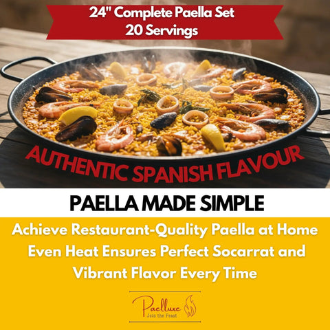 Outdoor Paella Burner And Stand Kit With 24 Inch Enamel Pan Dual Propane Stove Regulator Weatherproof Cover For Camping Crawfish Boil Tailgating And Big Outdoor Feasts displaying a 24-inch paella with seafood.