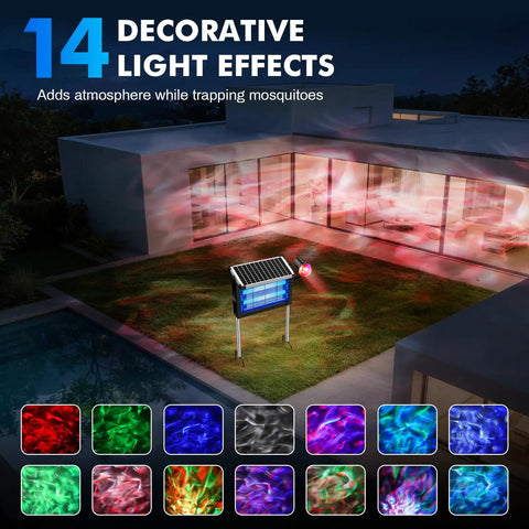 2 In 1 Water Wave Projector And Mosquito Zapper For Outdoors, Cordless 4500V Electric Bug Killer on house lawn, colorful lights displayed