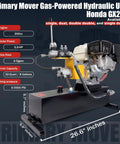 Honda GX200 Powered Gas Hydraulic Power Unit with 5 Gallon Reservoir, dimensions and specifications displayed on black background.