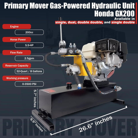 Honda GX200 Powered Gas Hydraulic Power Unit with 5 Gallon Reservoir, dimensions and specifications displayed on black background.