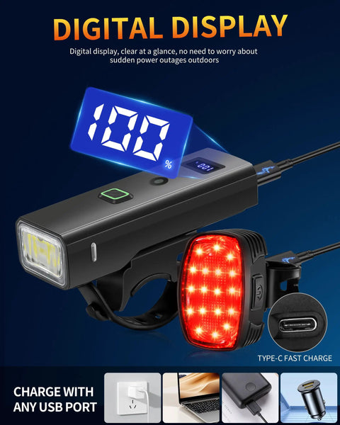Bright USB C Rechargeable Bike Light Set For Night Riding With Front Headlight And Rear Taillight 4 And 5 Modes Easy Mount, digital display