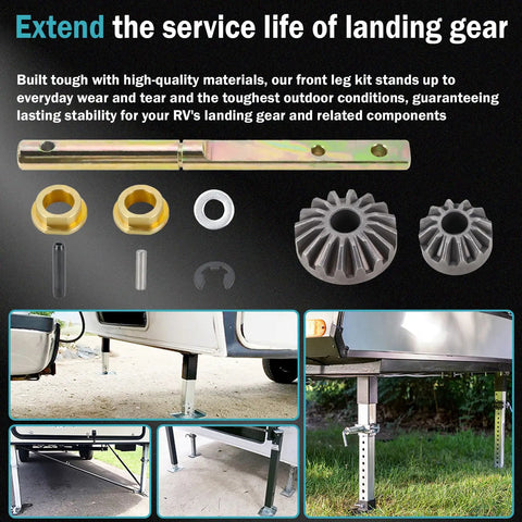Power Landing Gear Repair Kit for 5th Wheel RV Lead Leg Replacement and Front Leg Upgrade with parts and installed view
