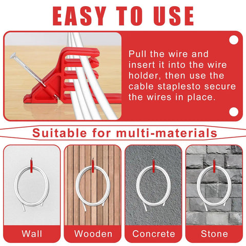 Easy-to-use 200 Pack Cable Stackers With Steel Nails For Fast And Secure Wire Management demonstrated on walls and various materials.