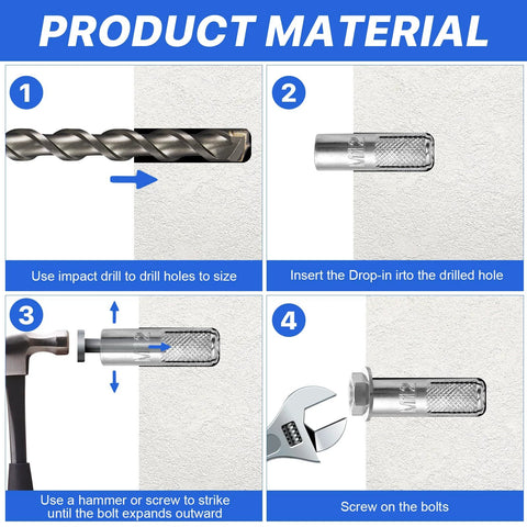 Assortment Of Concrete Anchors 60 Pcs Zinc Plated Carbon Steel Drop In Anchors For Concrete And Drywall Expansion Bolts In Four Sizes One Quarter Inch Five Sixteenth Inch Three Eighth Inch One Half Inch installation steps with tools and anchors