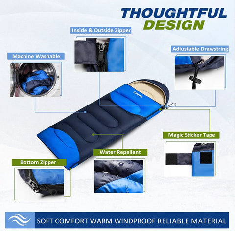 Go-To Lightweight 3-Season Sleeping Bag For Adults With Waterproof Shell Packable Backpacking Gear, features and close-ups