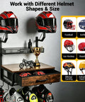 Heavy Duty Wall Mounted Helmet Rack With 4 Hanging Hooks, Drawer And Mesh Basket, holding helmets and riding gear in black