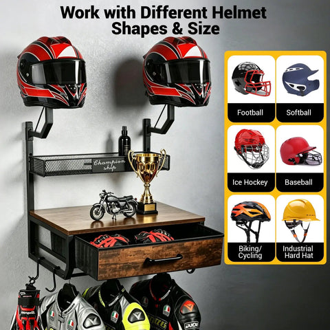 Heavy Duty Wall Mounted Helmet Rack With 4 Hanging Hooks, Drawer And Mesh Basket, holding helmets and riding gear in black