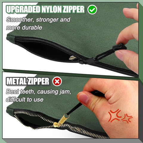 Comparison of upgraded nylon zipper vs metal zipper on Must-Have Six Color Canvas Tool Bags Set 11.2x7 Inch Heavy Duty Zipper Pouches