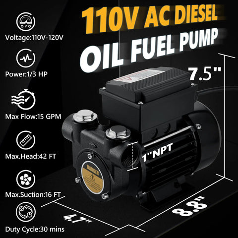 Heavy Duty 110V Ac Diesel Fuel Transfer Pump 15 Gpm Badass Cast Iron Build showing dimensions and specifications.