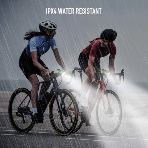 Cyclists riding in rain using Two Pack Bike Lights With Horn, 1400LM USB Rechargeable Front Headlight And Tail Light.