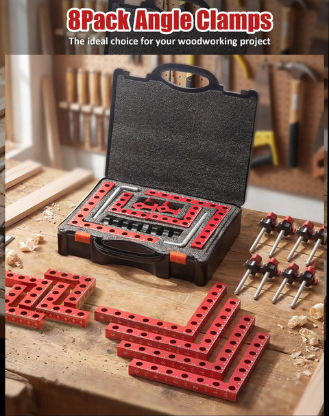 8Pack Corner Clamps For Woodworking 90 Degree Right Angle Squares in case, red anodized aluminum, 5.5 x 4 and 2.5 x 4 sizes