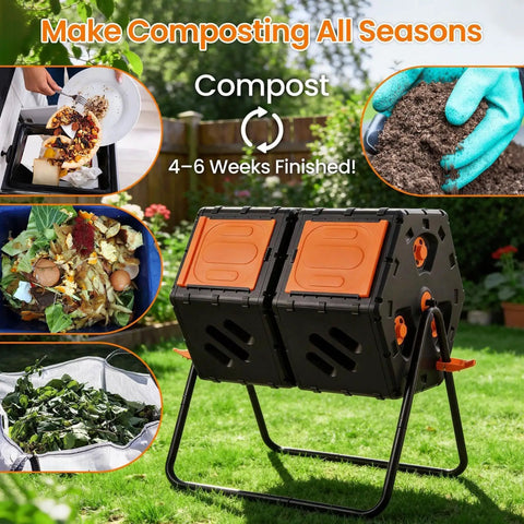 Double Chamber 45 Gallon Rotating Compost Tumbler with Two 22.5 Gallon Chambers for fast easy backyard composting, bright orange door