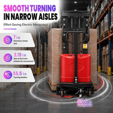Heavy Duty 3300 Lbs Electric Pallet Stacker With Manual Push Handles For No Sweat Warehouse Loading and tight aisle maneuvering.