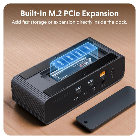 Built-In M.2 PCIe Expansion visible in the Badass Thunderbolt 5 Dock With Built In Ssd Enclosure for data storage.