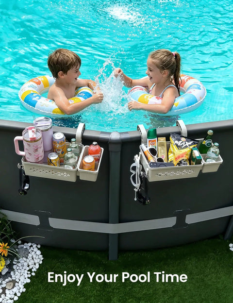 2 Piece Poolside Storage Basket Set With Cup Holder For Above Ground Pools Fits Steel Round Or Oval Frames Top Rail 3 Inches Or Less