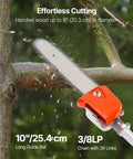 Gas Pole Saw With 43cc Two-Stroke Engine, 10 Inch Bar in use cutting a tree branch, showcasing 10 inch guide bar and 3/8LP chain.