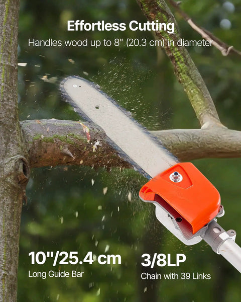 Gas Pole Saw With 43cc Two-Stroke Engine, 10 Inch Bar in use cutting a tree branch, showcasing 10 inch guide bar and 3/8LP chain.