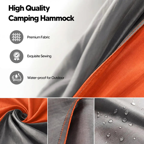 Ultralight Camping Hammock For Hiking And Travel in orange, showing premium fabric, exquisite sewing, waterproof outdoor material.