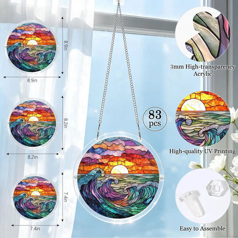 Ocean Sunset Puzzle Suncatcher Kit With 83 Pieces For Doors Garden And Window Hanging Easy Snap Together DIY Acrylic Sun Catcher Craft Seven Point Four Inches No Tools Needed, showing acrylic art with chain.