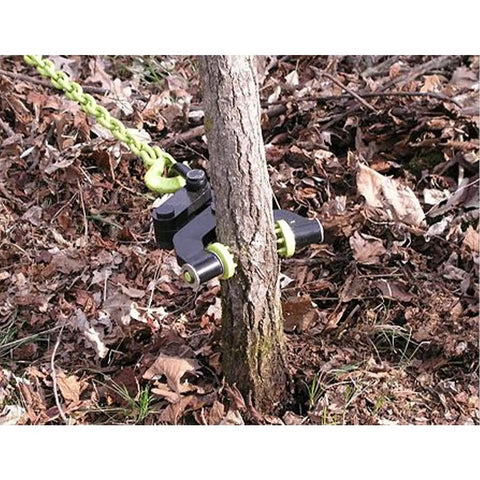 Heavy Duty Steel 360 Degree Tree Stump Remover Attachment for Tractors and ATVs, clamping around a small tree, Green