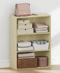 Kick Your Daily Mess To The Curb With This Real Deal Three Tier Closet Organizer In Warm Steam Beech Wood, Built Tough For Tight Bedrooms And Zero Headache Setup, Featuring Smooth Open Shelves For Dependable Home Organization, showcasing folded clothes and accessories.