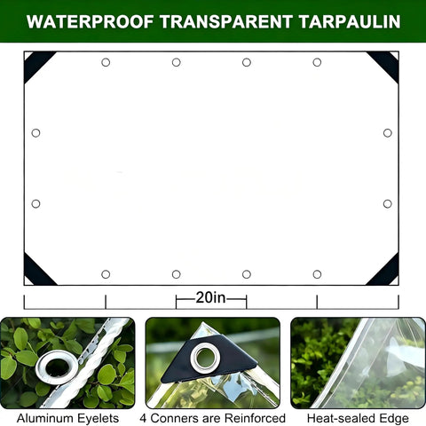 Built Tough 3 By 6 Foot Heavy Duty Clear Vinyl Tarp With Reinforced Grommets 14 Mil Waterproof PVC Shield showing 20in transparent tarp with grommets.