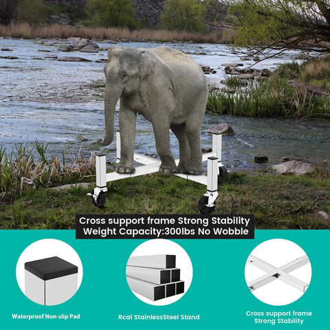 Elephant standing on Beefy Heavy Duty Fire Pit Rolling Stand with 360 swivel and locking wheels in outdoor setting.
