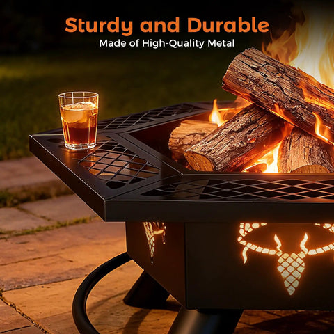2 In 1 Backyard Fire Pit And Grill For Outdoor Gatherings, sturdy metal fire pit, logs burning, glass of drink on the edge