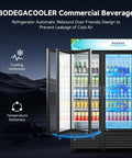 Real Deal 53 Cu Ft Three Door Commercial Display Refrigerator For Bodegas Beverage Merchandiser Cooler showing three glass doors and beverages.