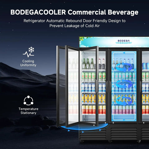 Real Deal 53 Cu Ft Three Door Commercial Display Refrigerator For Bodegas Beverage Merchandiser Cooler showing three glass doors and beverages.