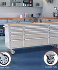 Heavy-Duty 72 Inch Mobile Tool Chest With Solid Wood Top Workbench, 15-Drawer Stainless Steel Rolling Cabinet Organizer with lockable wheels