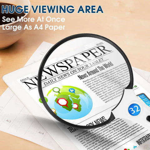3X Lighted Magnifying Glass With LED And UV Light, 5.5 Inch Handheld Magnifier enlarging newspaper text, ideal for seniors