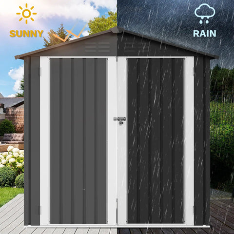 6x4 Ft Metal Outdoor Shed With Lockable Doors, weatherproof in sunny and rainy conditions, dark gray steel tool storage