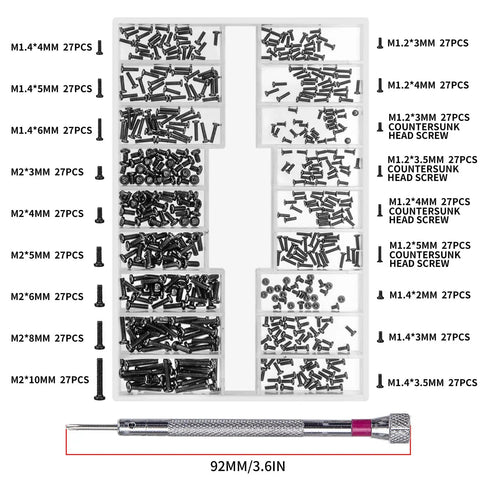 M1.2 M1.4 M2 Laptop Screws Small Micro Tiny Fasteners For Electronics Computer Repairs with assorted sizes in a clear organizer.