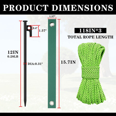 Dimensions of Beefy Heavy Duty Tree Stakes And Leaning Tree Support Kit featuring 12-inch stakes, 15.7-inch strap, 118-inch rope.