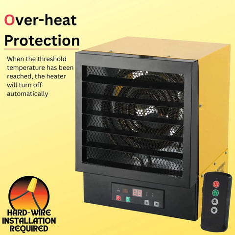 Heavy Duty Electric Forced Air Garage Heater With Remote Control 17060 Btu showcasing over-heat protection feature.
