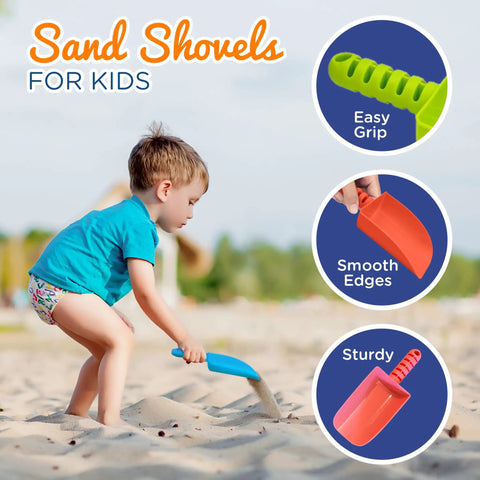 Child playing with 4 Pack Beach Shovels For Kids 8 Inch Heavy Duty Plastic Sand Shovels, featuring easy grip, smooth edges, sturdy design.