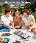 Group of people using Outdoor Solar Charger 25000mAh with Four Solar Panels USB C Power Bank for multiple devices on grass.