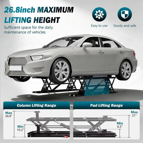 Heavy Duty Portable Car Lift With Bone Strong Carbon Steel and Rock Solid 7000 Pound Capacity lifting a car to 26.8 inches.