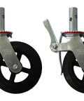 Heavy Duty 8 Inch Rubber Scaffold Caster Wheels Set Of Four Rock Solid Swivel Casters with dual brakes and greaseable bearings.