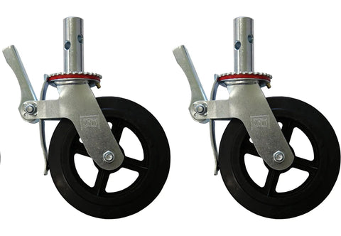 Heavy Duty 8 Inch Rubber Scaffold Caster Wheels Set Of Four Rock Solid Swivel Casters with dual brakes and greaseable bearings.
