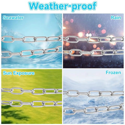 Beefy 5mm 304 Stainless Steel Chain Heavy Duty 13.1 Feet Silver Outdoor Hanging Link Chain For Swing Fence Gate Garden Anchor Security DIY Home Hardware, weather-proof chain shown in seawater, rain, sun, and frozen conditions