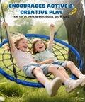 Children enjoying Heavy Duty 40 Inch Spider Web Saucer Tree Swing For Kids And Adults Outdoor Net Swing With Included Straps 750 Pound Capacity Blue Patented Design For Backyard Fun.