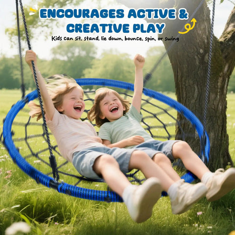 Children enjoying Heavy Duty 40 Inch Spider Web Saucer Tree Swing For Kids And Adults Outdoor Net Swing With Included Straps 750 Pound Capacity Blue Patented Design For Backyard Fun.