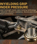 Grab A Pack of Dope 10 Yellies Grade 8 Coarse Nylon Insert Lock Nuts Zinc Plated secured with a wrench on a frame under pressure.