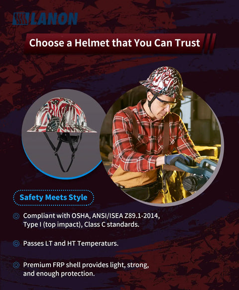 Man wearing Full Brim Hard Hat With Premium American Flag Design OSHA Approved Type I Top Impact Class C FRP Safety Helmet